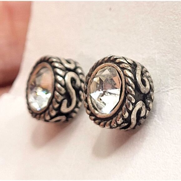 Vintage Silvertone Large Crystal Post Stud Earrings 0.3in - Picture 1 of 4